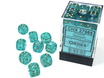 Borealis Teal w/Gold (Luminary) - 12mm d6 Dice Block (36) - Chessex