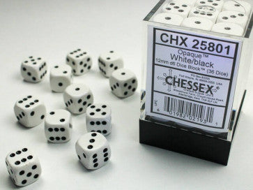 Opaque White w/Black - 12mm d6 Dice Block (36) - Chessex