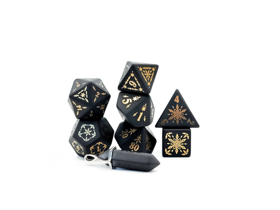 Gold Ionized Snowflake - Obsidian - Polyhedral Dice Set (7) - Level Up Dice