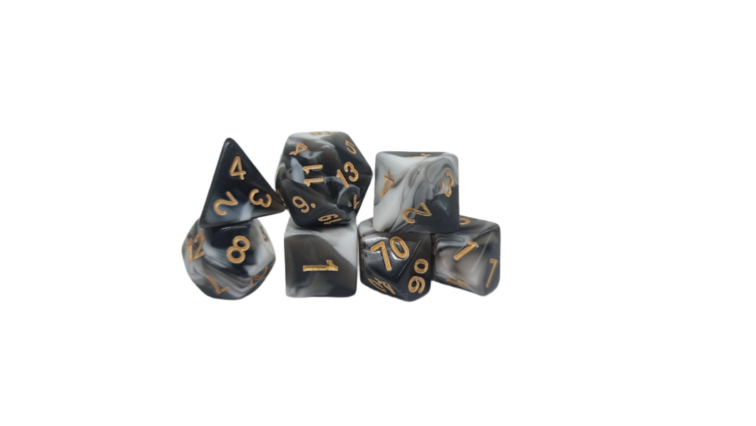 Marble Black White w/Gold - Acrylic Polyhedral Dice Set (7) - ACE