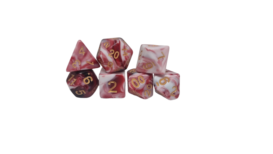 Marble Red White w/Gold - Acrylic Polyhedral Dice Set (7) - ACE