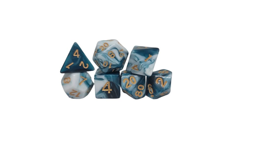 Marble Blue White w/Gold - Acrylic Polyhedral Dice Set (7) - ACE