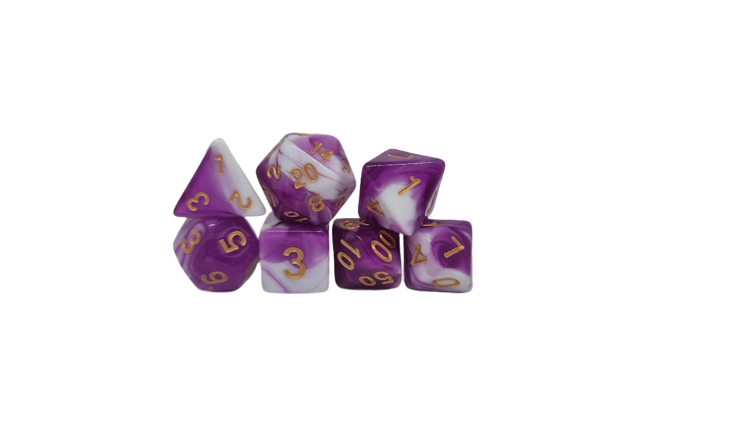 Marble Purple White w/Gold - Acrylic Polyhedral Dice Set (7) - ACE