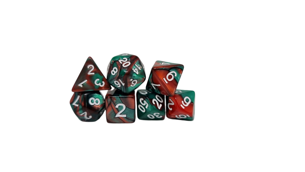 Red Green w/White - Acrylic Polyhedral Dice Set (7) - ACE