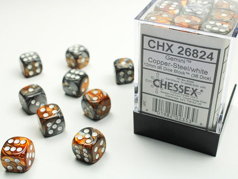 Gemini Copper Steel w/White  - 12mm d6 Dice Block (36) - Chessex