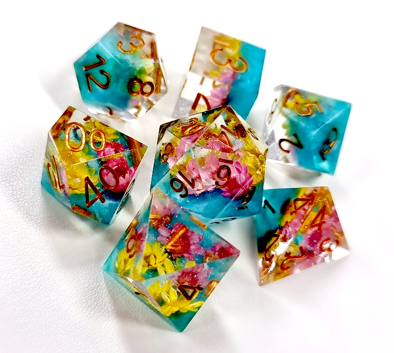 Yellow and Pink - Flower Series - Resin Polyhedral Dice Set (7) - ACE